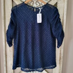 NY Collection Women's Plus Lace Overlay Ruched Sleeve Top in Navy Blue